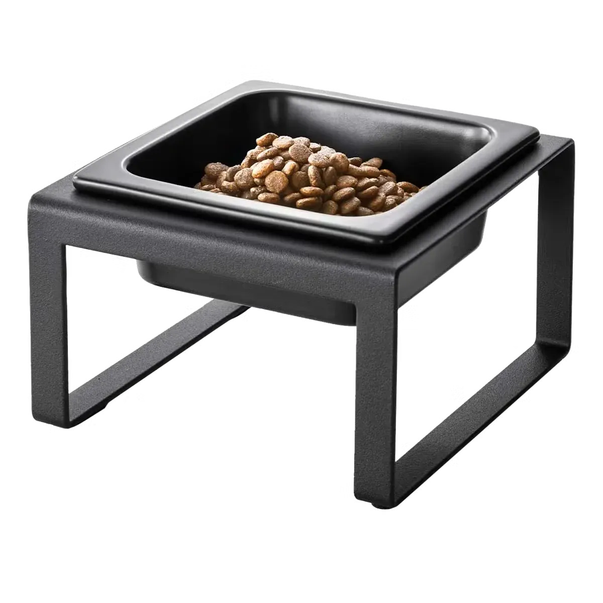 A steel black elevated pet bowl mainly used by small dogs and cats.