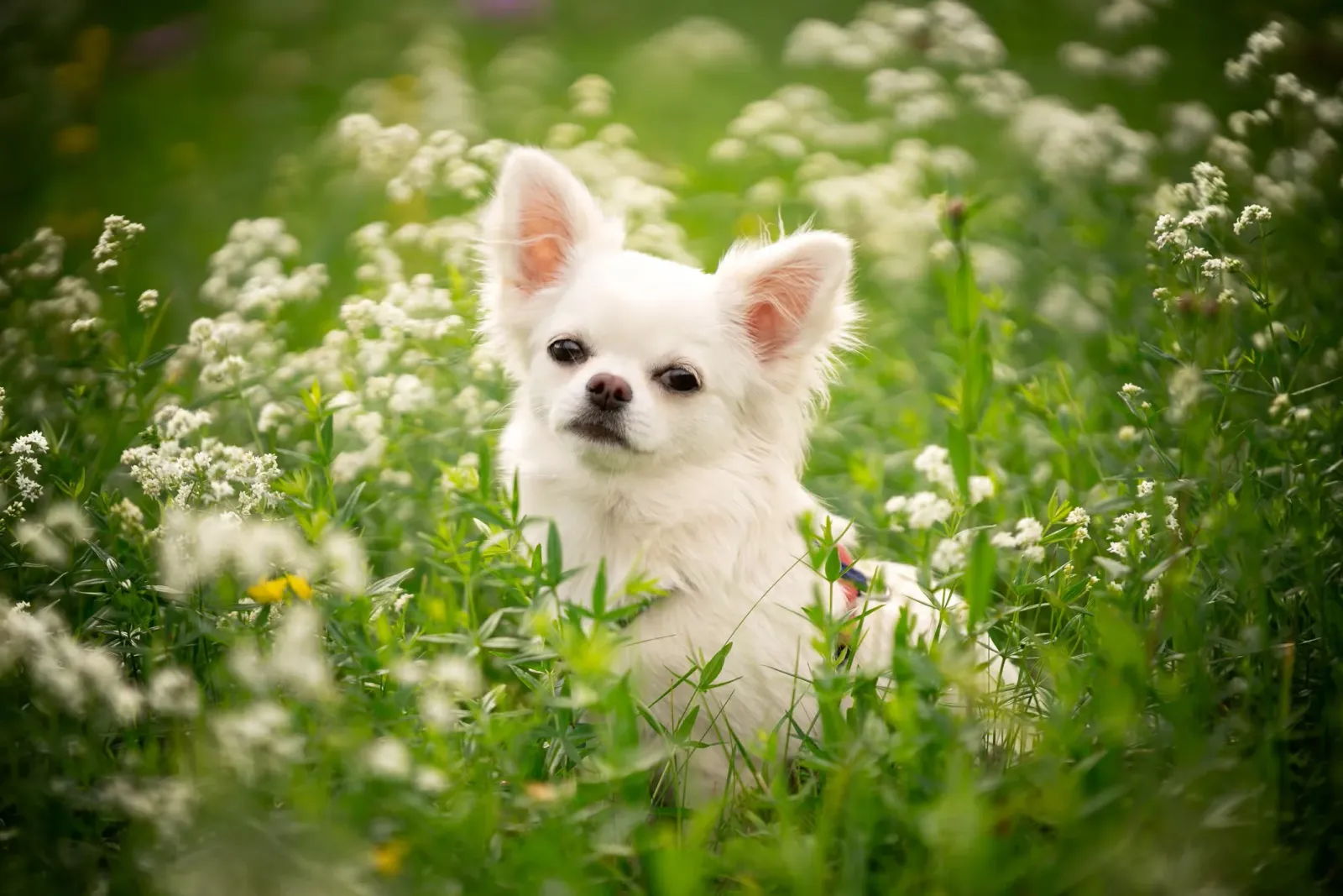 A white Chihuahua sitting in a meadow.