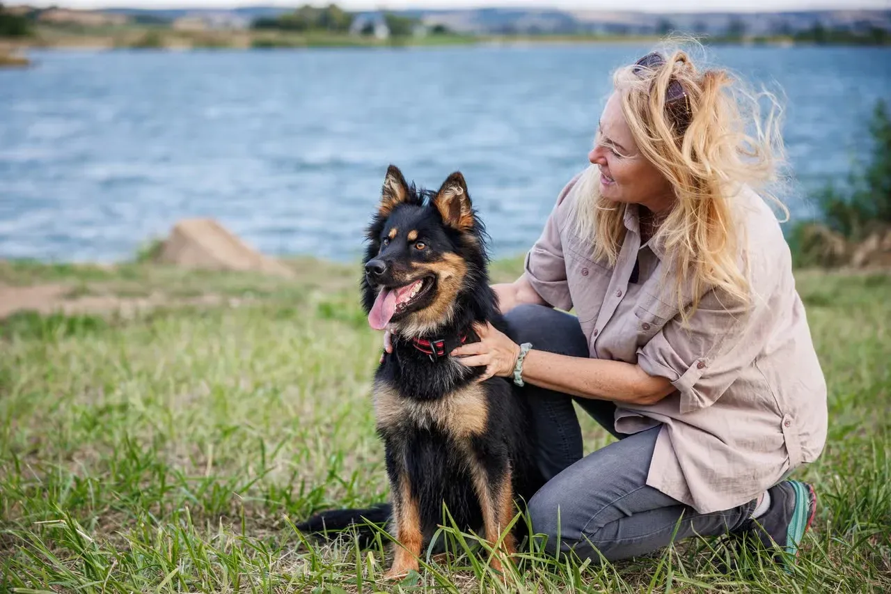 A woman holding her Bohemian Shepherd that looks like a German Shepherd.