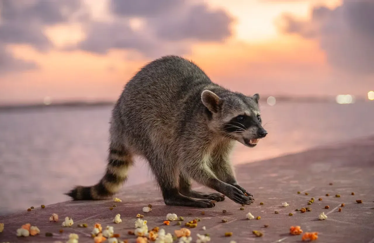 A raccoon eating popcorn by the sea.