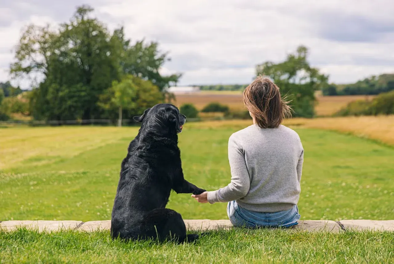 A woman and a black Lab holding hands.