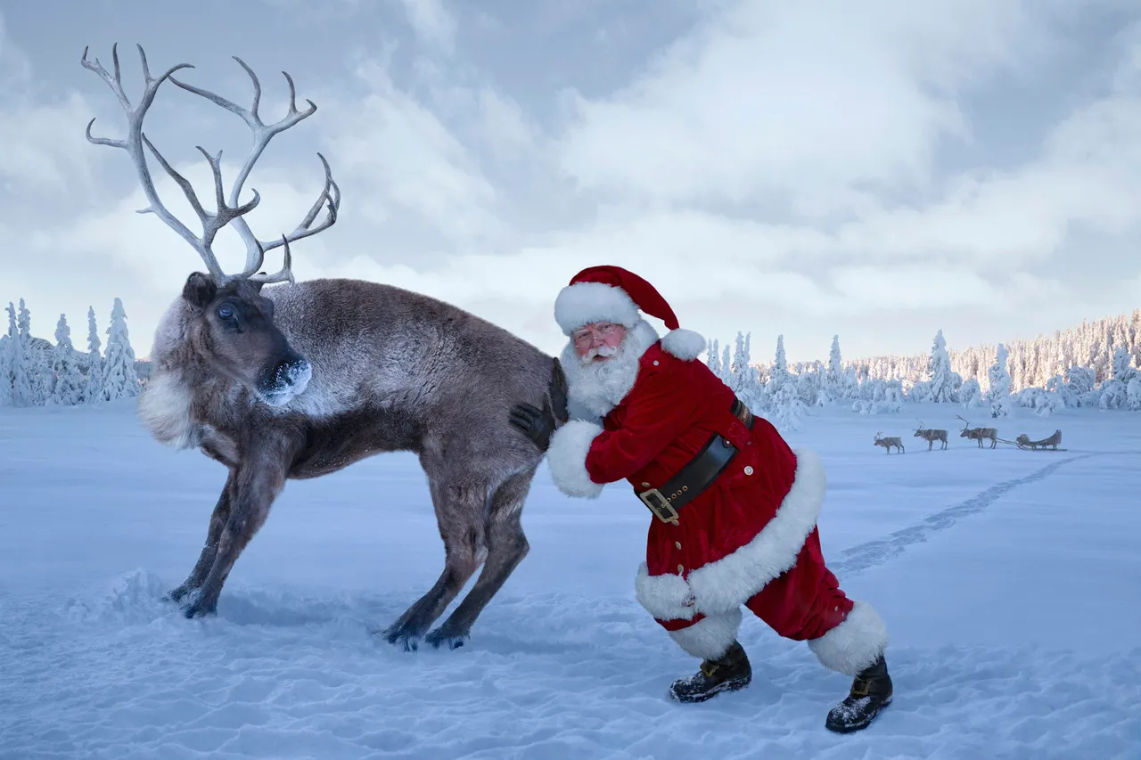 Santa pushing a stubborn reindeer with a funny name.