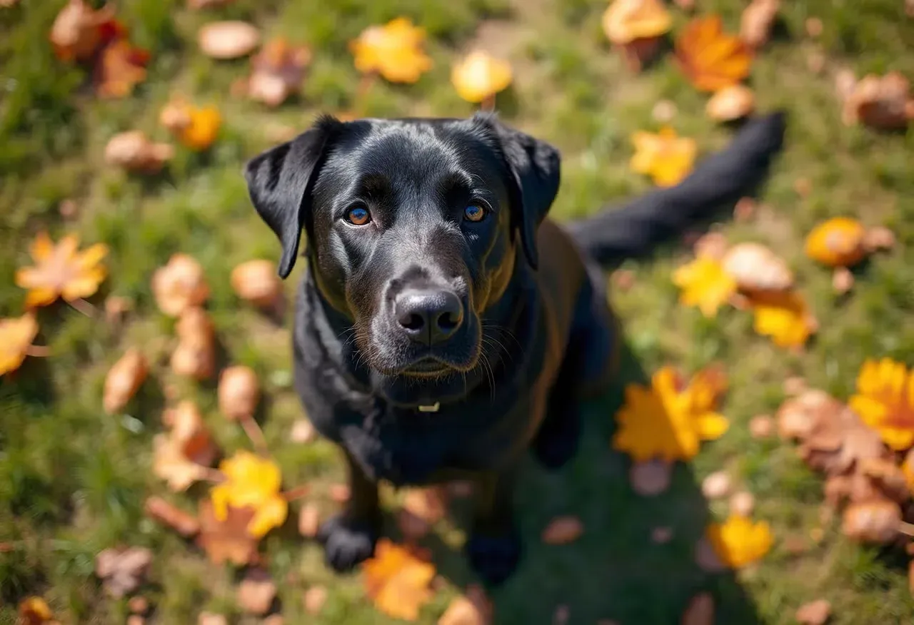 A black Labrador Retriever sitting on a lawn with autumn leaves.