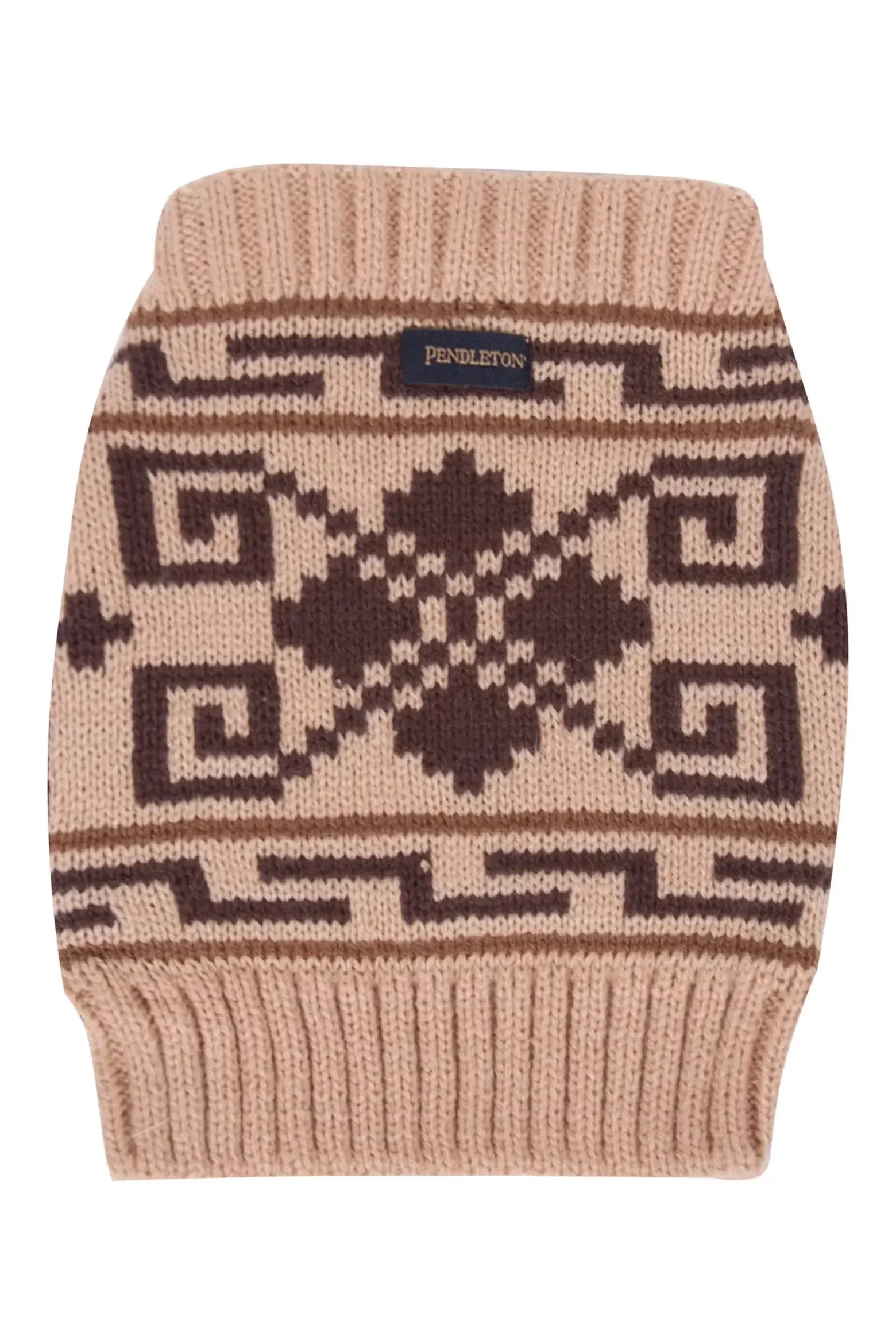 a knitted dog sweater with a black and tan design